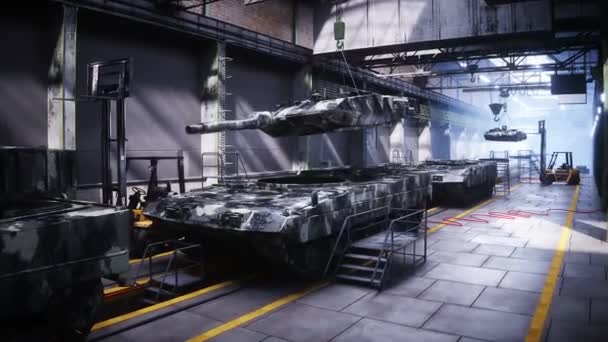 在工厂生产德国军用坦克豹 军工厂的武器现实的4K动画 — 图库视频影像