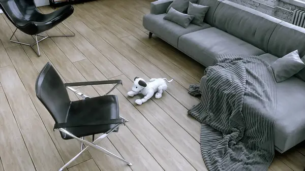 Small Funny Robotic Smart Dog Wakes Room Stock Photo