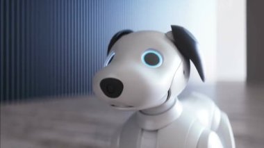 Küçük komik robot akıllı köpek odada uyanıyor..