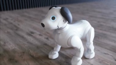 Küçük komik robot akıllı köpek odada uyanıyor..