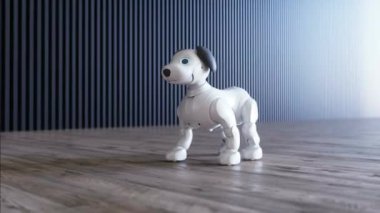 Küçük komik robot akıllı köpek odada uyanıyor..