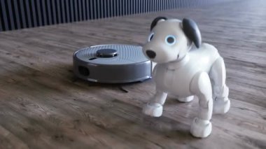 Küçük komik robot akıllı köpek ve elektrikli süpürge robotu.