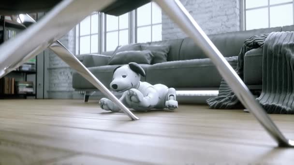 Pequeño Divertido Robot Inteligente Perro Despierta Habitación — Vídeos de Stock