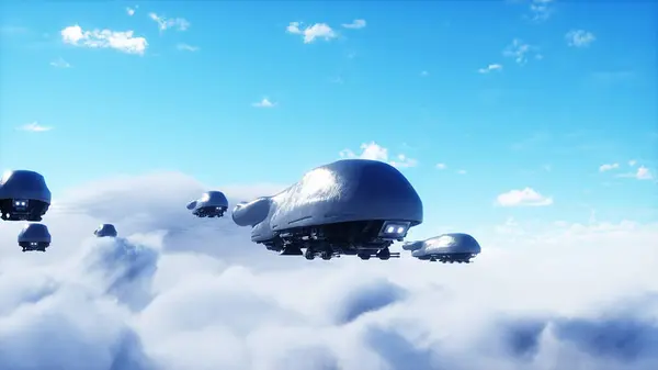 Nave Futurista Militar Volar Las Nubes Invasión Renderizado Imágenes De Stock Sin Royalties Gratis