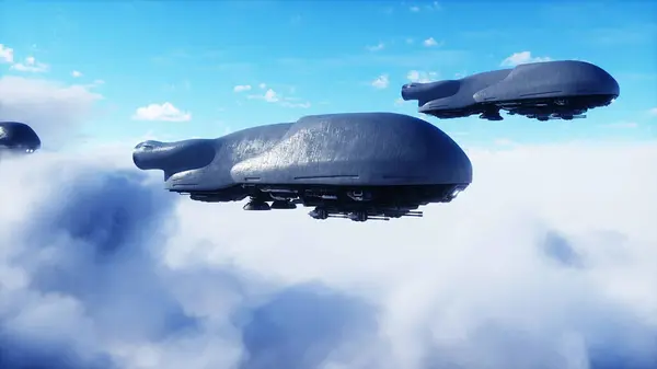 Nave Futurista Militar Volar Las Nubes Invasión Renderizado Imagen De Stock