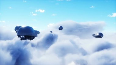 Askeri fütüristik gemi bulutlarda uçuyor. İstila