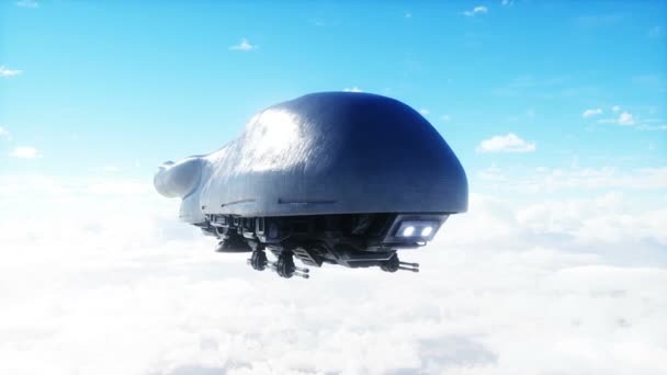 Askeri Fütüristik Gemi Bulutlarda Uçuyor Stila — Stok video