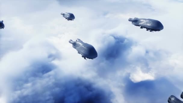 Nave Militare Futuriste Zboară Nori Invazia — Videoclip de stoc