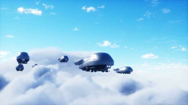 軍の未来的な船が雲の中を飛んでいる インヴァージョン — ストック動画