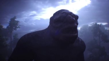 Büyük çirkin korkunç trol, gece sis ormanında goblin yürüyüşü. Korkunç mistik konsept. Gerçekçi 4k animasyonu