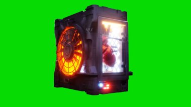 Fütürist bir kapsülde kalp büyütmek. Genetik mühendisliği kavramı. 3d oluşturma