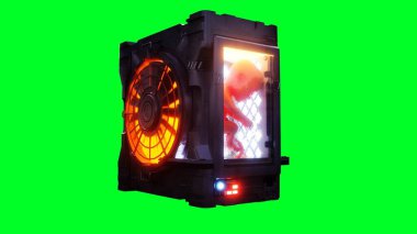 Fütürist bir kapsülde bebek büyütmek. Genetik mühendisliği kavramı. 3D görüntüleme. Yeşil Ekran