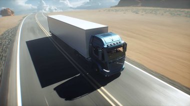 Çöl otobanında beyaz kamyonet. Çok hızlı sürüyorsun. Teslimat konsepti. 3d oluşturma