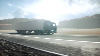 Çöl otobanında beyaz kamyonet. Çok hızlı sürüyorsun. Teslimat konsepti. 3d oluşturma