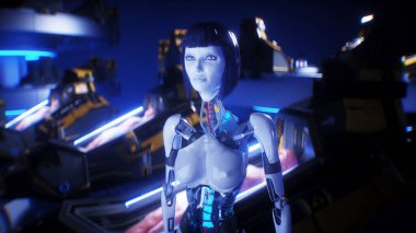 Laboratuvarda uyuyan insanlarla birlikte kriyokapsülleri olan fütürist dişi robot. Dondurucu uyku gelecek konsepti. 3d oluşturma