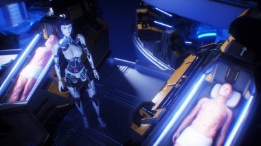Laboratuvarda uyuyan insanlarla birlikte kriyokapsülleri olan fütürist dişi robot. Dondurucu uyku gelecek konsepti. 3d oluşturma