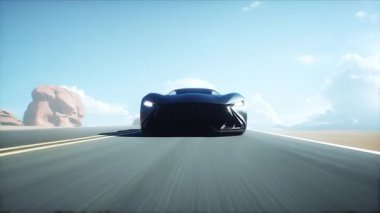 Gelecekçi siyah elektrikli spor araba çöl yolunda çok hızlı sürüyor. Fütürist bir kavram. Gerçekçi 4k animasyonu