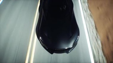 Gelecekçi siyah elektrikli spor araba çöl yolunda çok hızlı sürüyor. Fütürist bir kavram. Gerçekçi 4k animasyonu