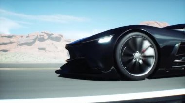 Gelecekçi siyah elektrikli spor araba çöl yolunda çok hızlı sürüyor. Fütürist bir kavram. Gerçekçi 4k animasyonu