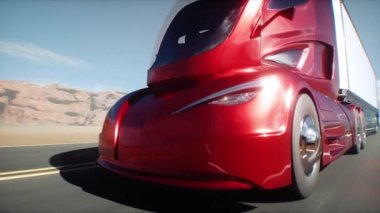 Kırmızı fütüristik elektrikli kamyon çöl yolunda çok hızlı gidiyor. Lojistik, gelecek konsepti. Gerçekçi 4k animasyonu