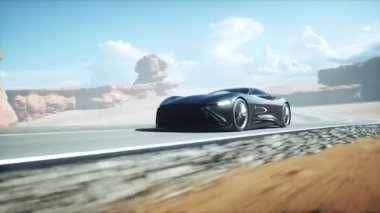 Gelecekçi siyah elektrikli spor araba çöl yolunda çok hızlı sürüyor. Fütürist bir kavram. Gerçekçi 4k animasyonu