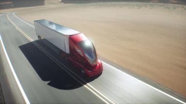 Kırmızı fütüristik elektrikli kamyon çöl yolunda çok hızlı gidiyor. Lojistik, gelecek konsepti. Gerçekçi 4k animasyonu