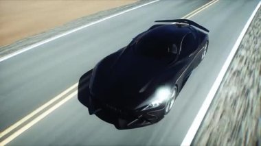 Gelecekçi siyah elektrikli spor araba çöl yolunda çok hızlı sürüyor. Fütürist bir kavram. Gerçekçi 4k animasyonu