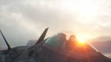 Askeri savaş uçağı F-22 bulutların üzerinde uçuyor. Hava kuvvetleri. 3d oluşturma