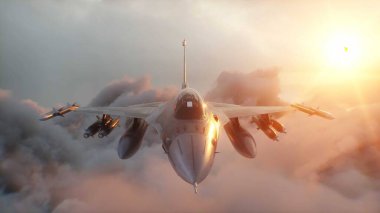Askeri savaş uçağı F-16 bulutların üzerinde uçuyor. Hava Kuvvetleri