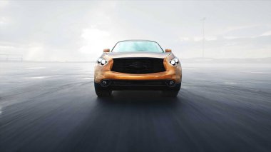 Lüks arazi aracı, çöl taşından otobanda çok hızlı gidiyor. İş konsepti