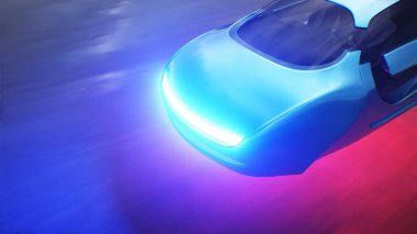 Çöl taşından otobanda çok hızlı uçan bir araba. Gelecekçi kavram