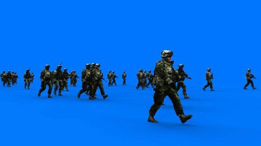 Silahlı yürüyen askerlerden oluşan bir kalabalık. Yeşil ekran. Savaş, çatışma konsepti