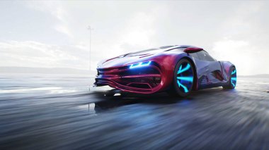 Gelecekçi elektrikli araba çöl taşından otoyolda çok hızlı gidiyor. Gelecekçi kavram