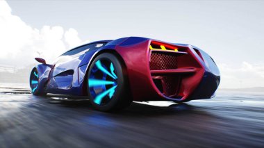 Gelecekçi elektrikli araba çöl taşından otoyolda çok hızlı gidiyor. Gelecekçi kavram