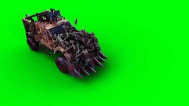 Zombi arabası sürüp zombilere çarpıyor. Apokaliptik konsept. Yeşil Ekran izole et