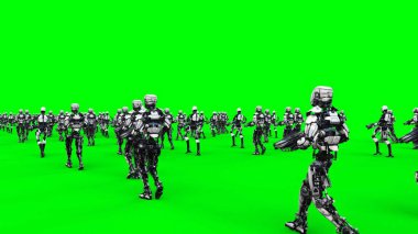 Yürüyen silahlı robotlardan oluşan bir kalabalık. yeşil ekran