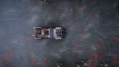 Zombi arabası sürüp zombilere çarpıyor. Apokaliptik konsept