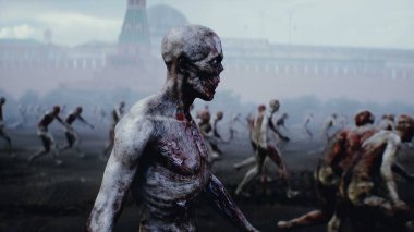 Rusya kıyameti. Zombi Kızıl Meydan 'da yürüyor, zombi kalabalığı. Moskova. 3d oluşturma
