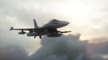 Askeri savaş uçağı F-16 bulutların üzerinde uçuyor. Hava Kuvvetleri