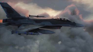 Askeri savaş uçağı F-16 bulutların üzerinde uçuyor. Hava Kuvvetleri