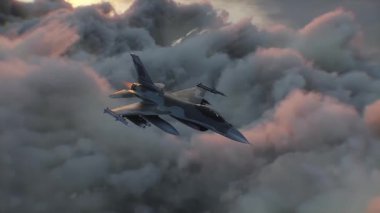 Askeri savaş uçağı F-16 bulutların üzerinde uçuyor. Hava Kuvvetleri