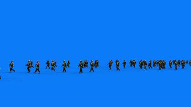 Silahlı yürüyen askerlerden oluşan bir kalabalık. Yeşil ekran. Savaş, çatışma konsepti