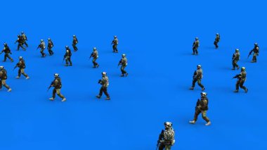 Silahlı yürüyen askerlerden oluşan bir kalabalık. Yeşil ekran. Savaş, çatışma konsepti