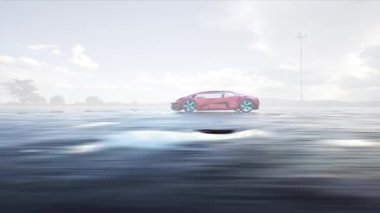 Gelecekçi elektrikli araba çöl taşından otoyolda çok hızlı gidiyor. Gelecekçi kavram