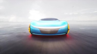 Gelecekçi elektrikli araba çöl taşından otoyolda çok hızlı gidiyor. Gelecekçi kavram