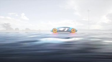 Gelecekçi elektrikli araba çöl taşından otoyolda çok hızlı gidiyor. Gelecekçi kavram