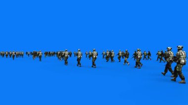 Silahlı yürüyen askerlerden oluşan bir kalabalık. Yeşil ekran. Savaş, çatışma konsepti