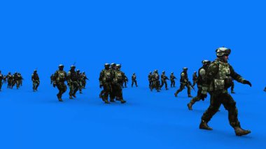 Silahlı yürüyen askerlerden oluşan bir kalabalık. Yeşil ekran. Savaş, çatışma konsepti