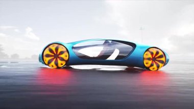 Gelecekçi elektrikli araba çöl taşından otoyolda çok hızlı gidiyor. Gelecekçi kavram