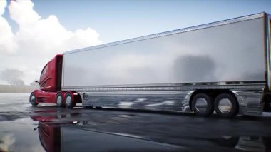 Gelecekçi elektrikli kargo kamyonu çöl taşından bir otoyolda çok hızlı gidiyor. Gelecekçi kavram